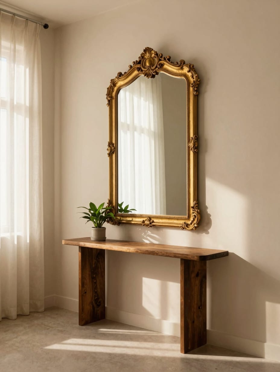 Large round decorative mirror hanging above a console table in a bright, small living room.