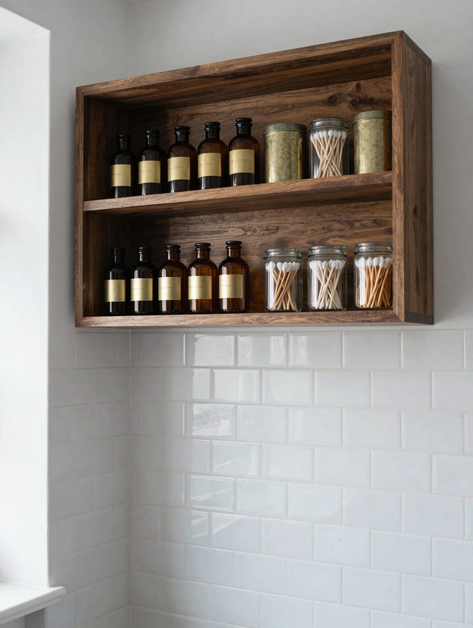 Built-in wall shelving with glass inserts holding apothecary jars and rolled white towels.