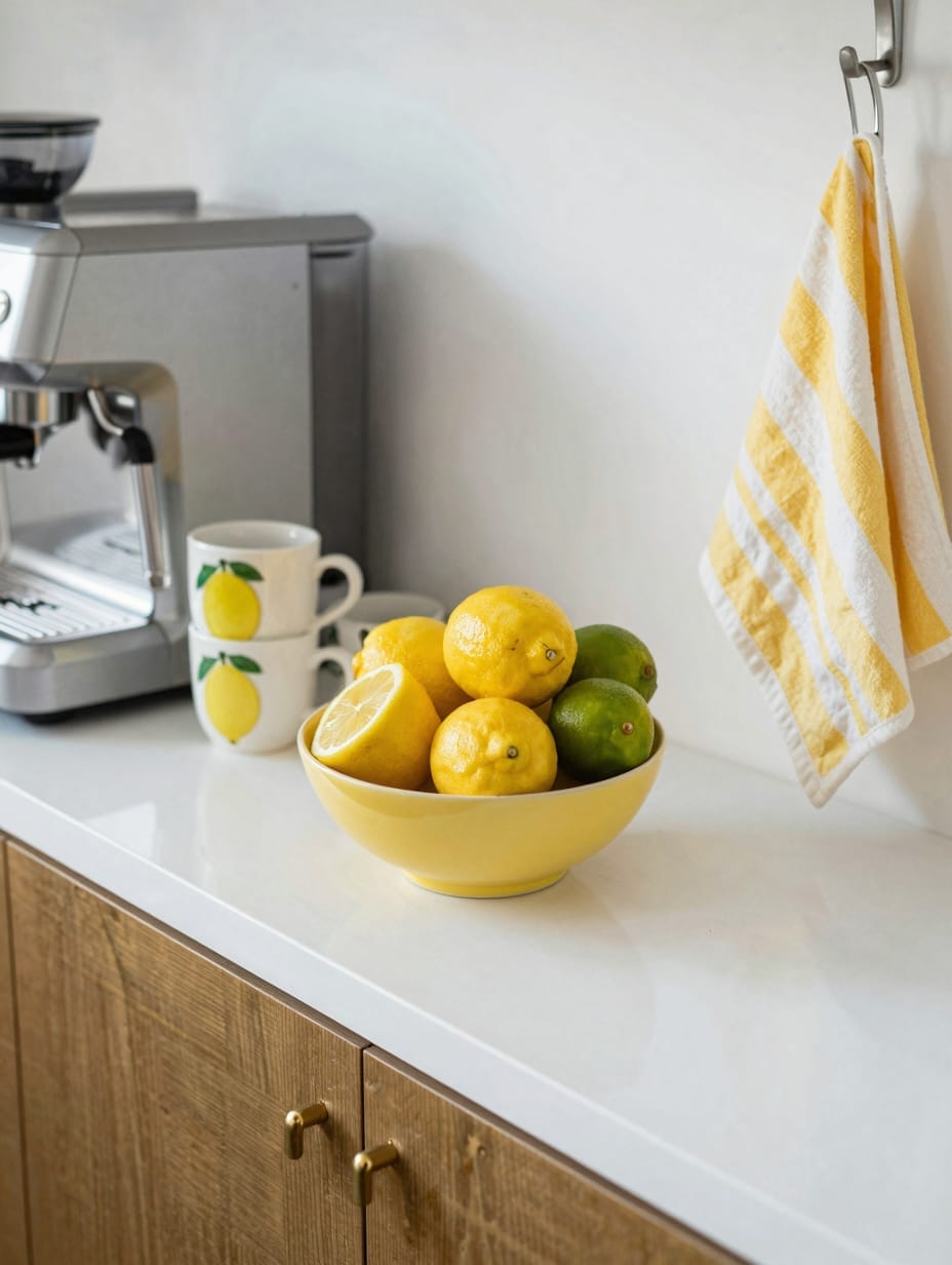 A spring coffee bar styled with bright yellow and green accents, including fresh lemons, a striped tea towel, and a cheerf...