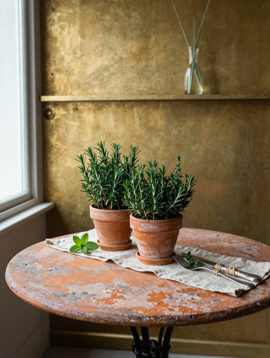 Wooden garden table featuring rustic terracotta pots with green herbs as a centerpiece.