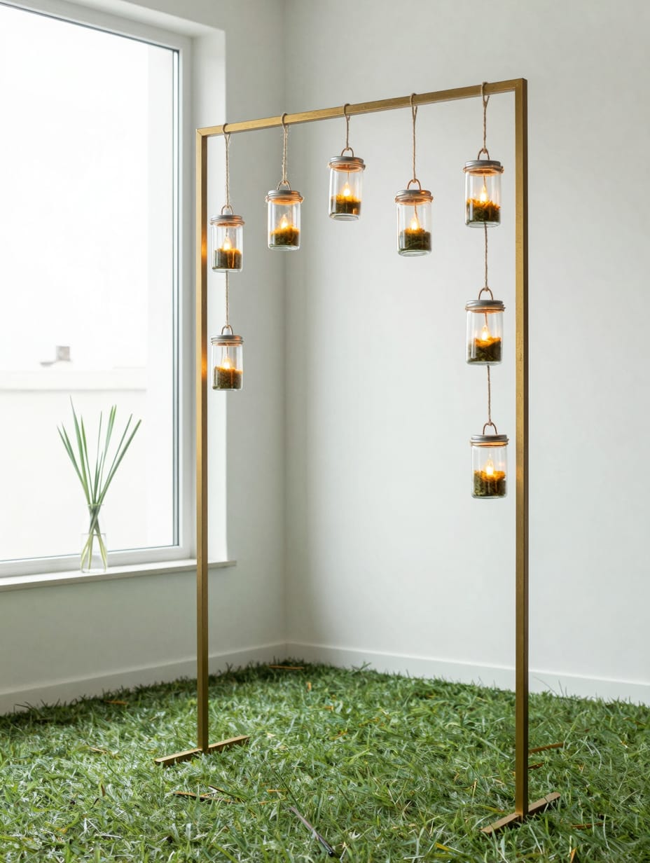 Glass mason jars with glowing candles hanging from a large tree branch at dusk.