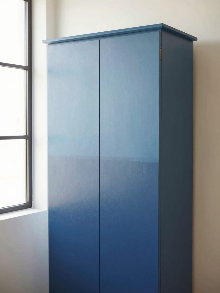 A wooden cabinet with drawers painted in an ombre effect, blending shades of blue and white.