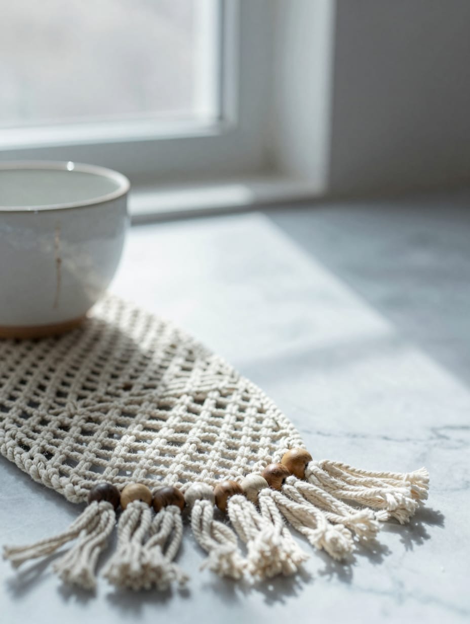 Kitchen window dressed with an airy, white macramé lace drape, sunlight streaming through.