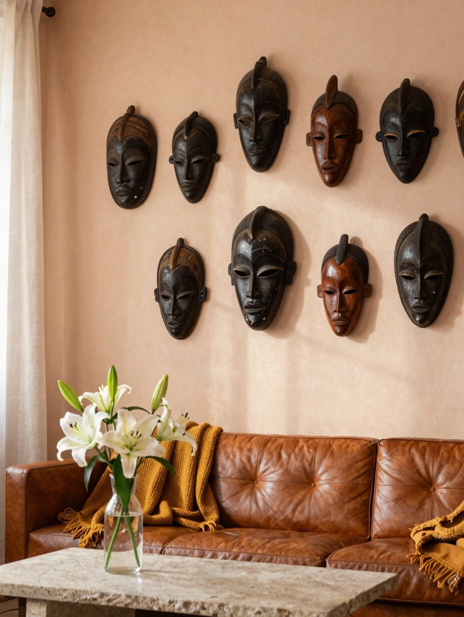 A gallery wall featuring diverse hand-carved African wooden masks above a minimalist wooden bench.