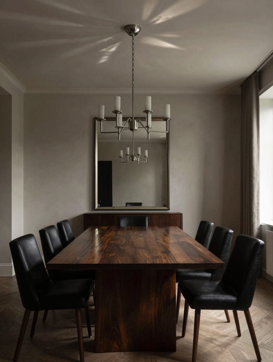 Elegant Art Deco interior dining room with a geometric chandelier, velvet chairs, and a polished table, radiating 2026 lux...