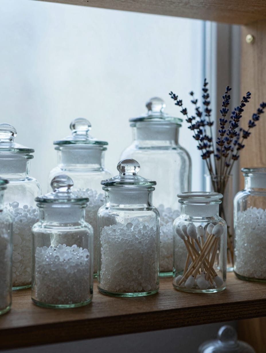Bathroom shelf with vintage-style amber apothecary jars and rolled towels.
