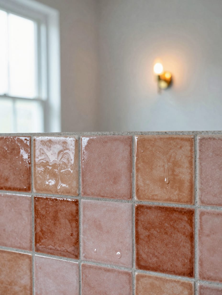 Detailed view of hand-painted blue and white terracotta tiles forming a bathroom backsplash.