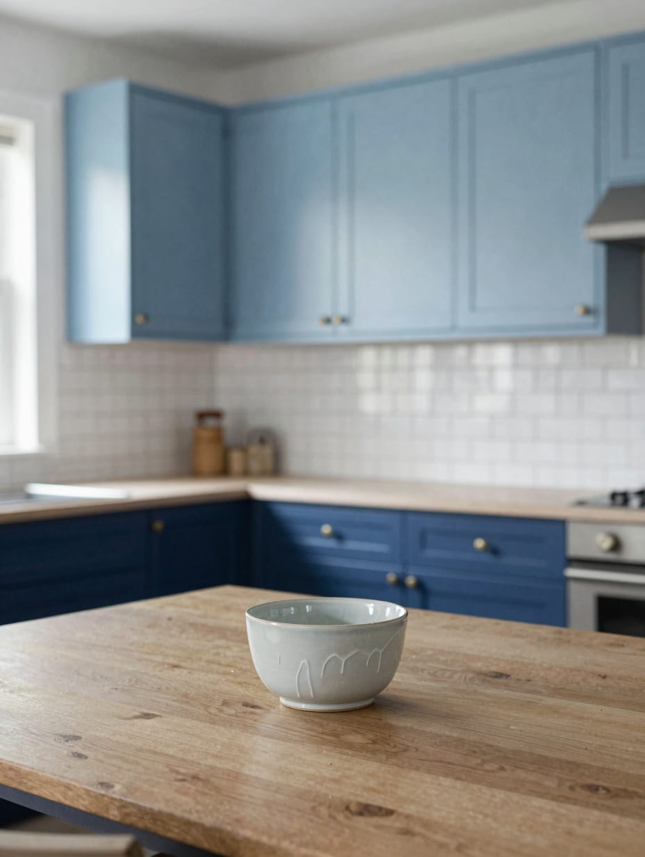 Kitchen with two-tone blue cabinets, light blue uppers and darker blue lowers.