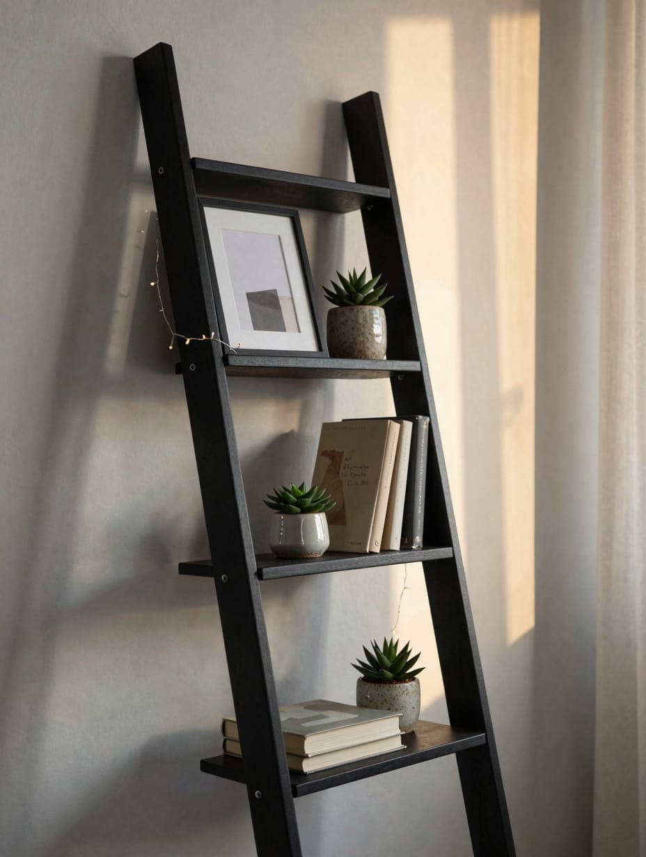 Tall, narrow vertical bookshelf tower with tapered shelves, filled with books, standing against a light wall.