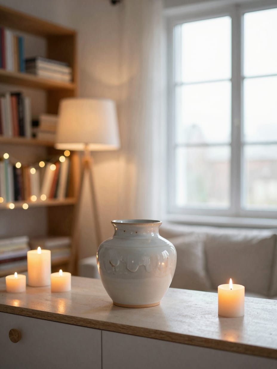 Warm glowing floor lamp casting soft light over a cozy armchair in a living room.