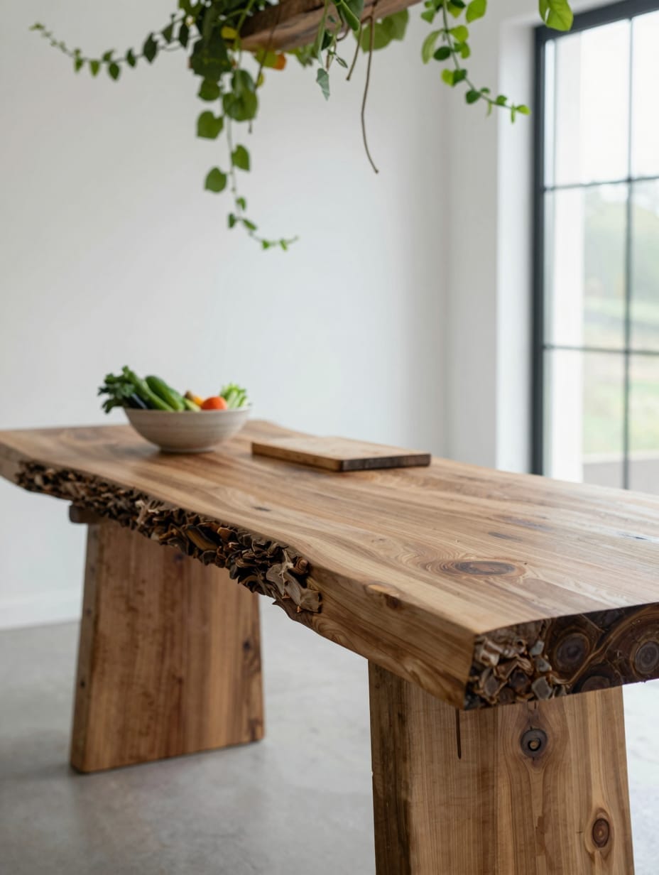 A thick live-edge wood slab countertop resting on black metal sawhorse legs in a backyard.