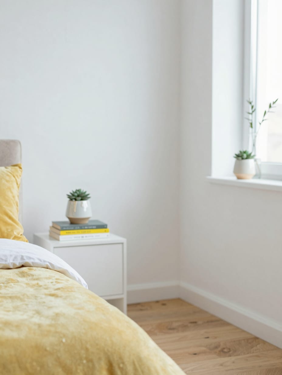 A nightstand with subtle butter yellow accents like a small vase and a book.