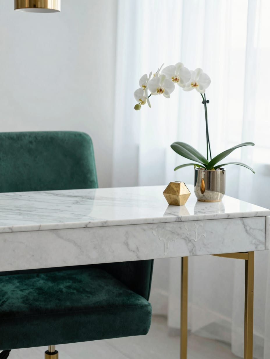 Gold-legged corner desk with a white marble top and chic decor.