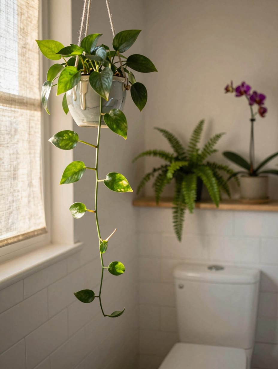 Lush green potted plant sitting on a shelf in a brightly lit bathroom.