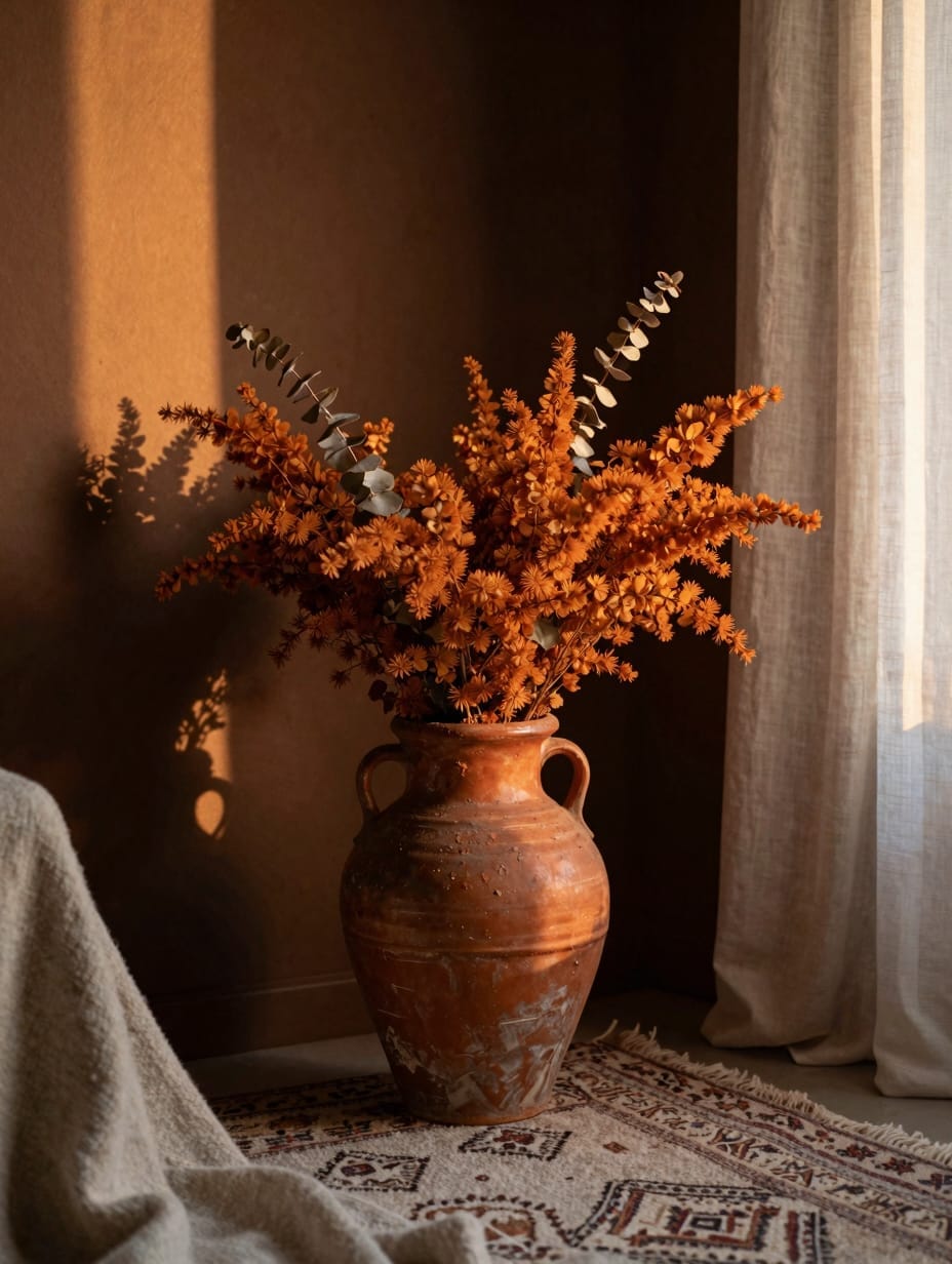 Burnt orange terracotta pillows resting on dark bedding with a small clay pot on the nightstand.