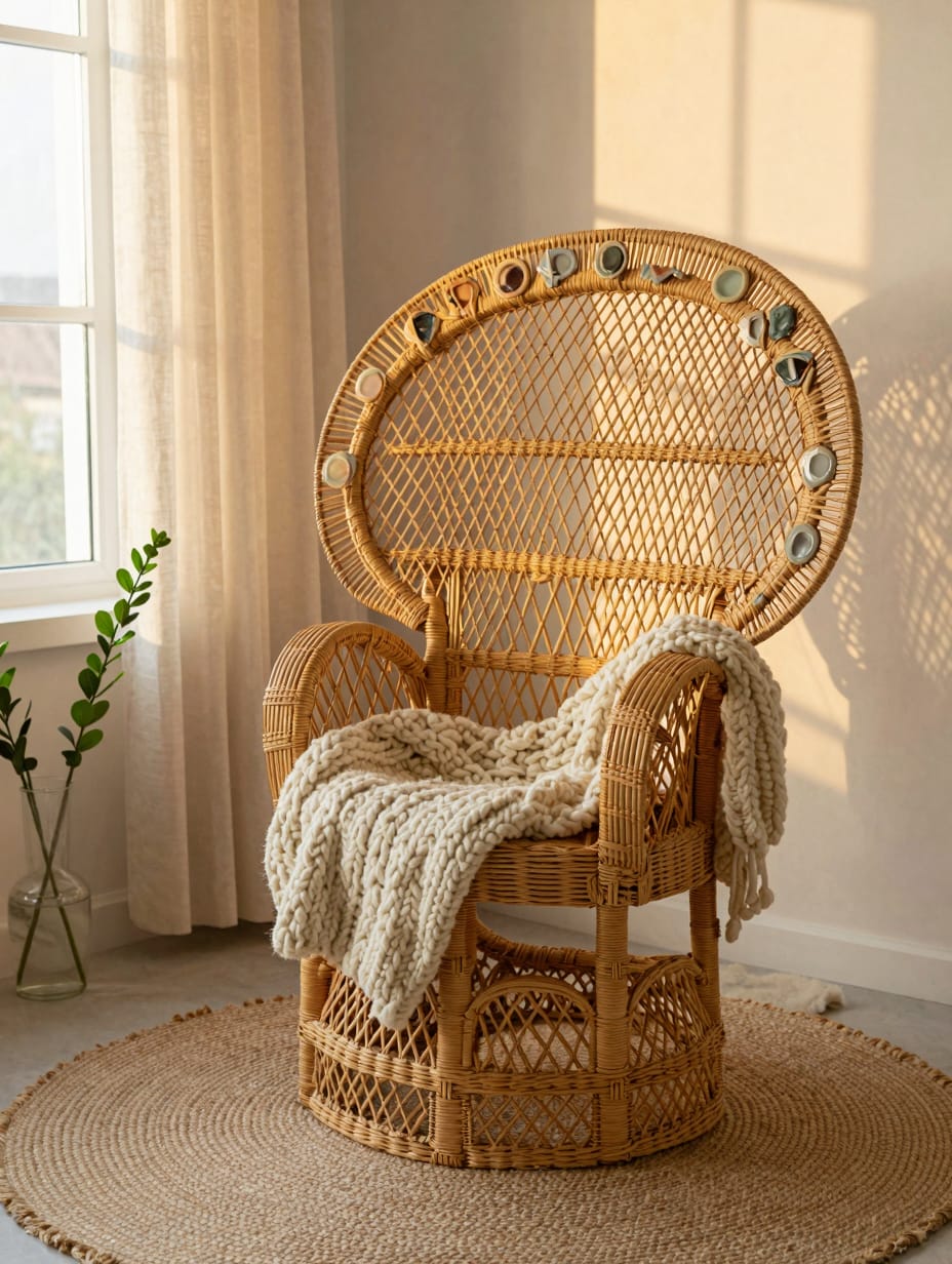 Large woven rattan headboard and matching mirror in a neutral, natural bedroom setting.