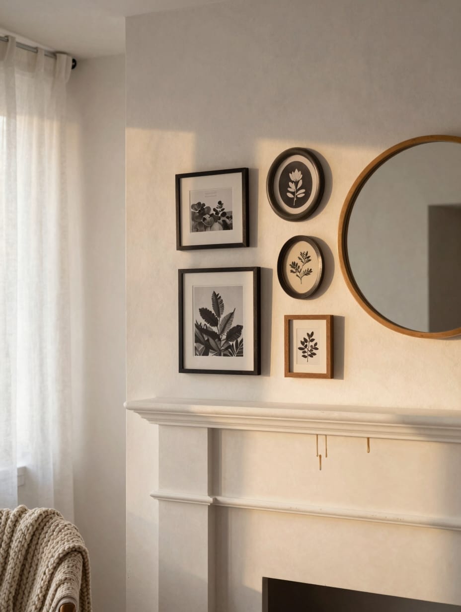A fireplace mantel displaying a large rustic mirror, framed art prints, and a vintage clock.
