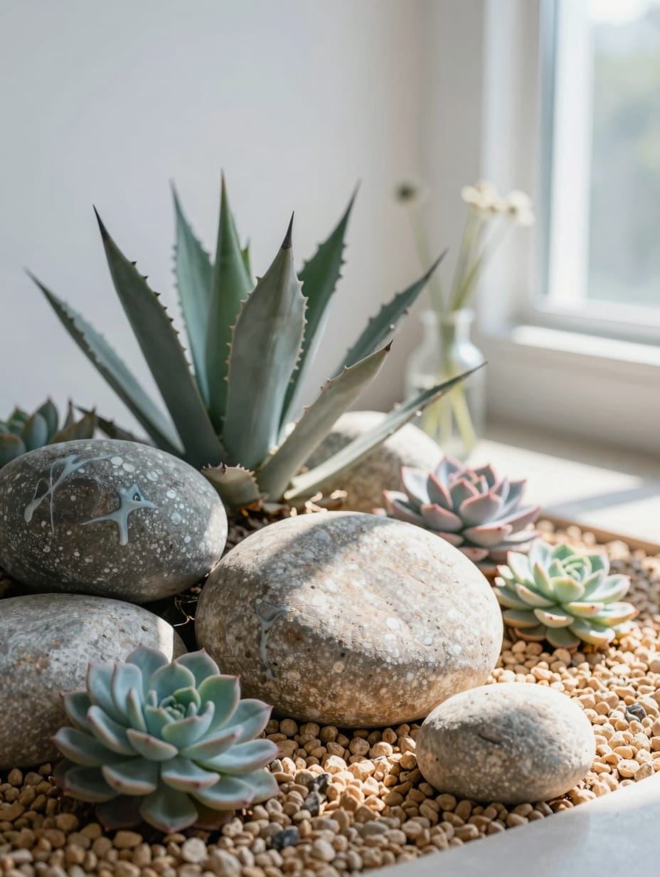 Large agave plants and blue succulents arranged in a modern gravel bed with grey river rocks.