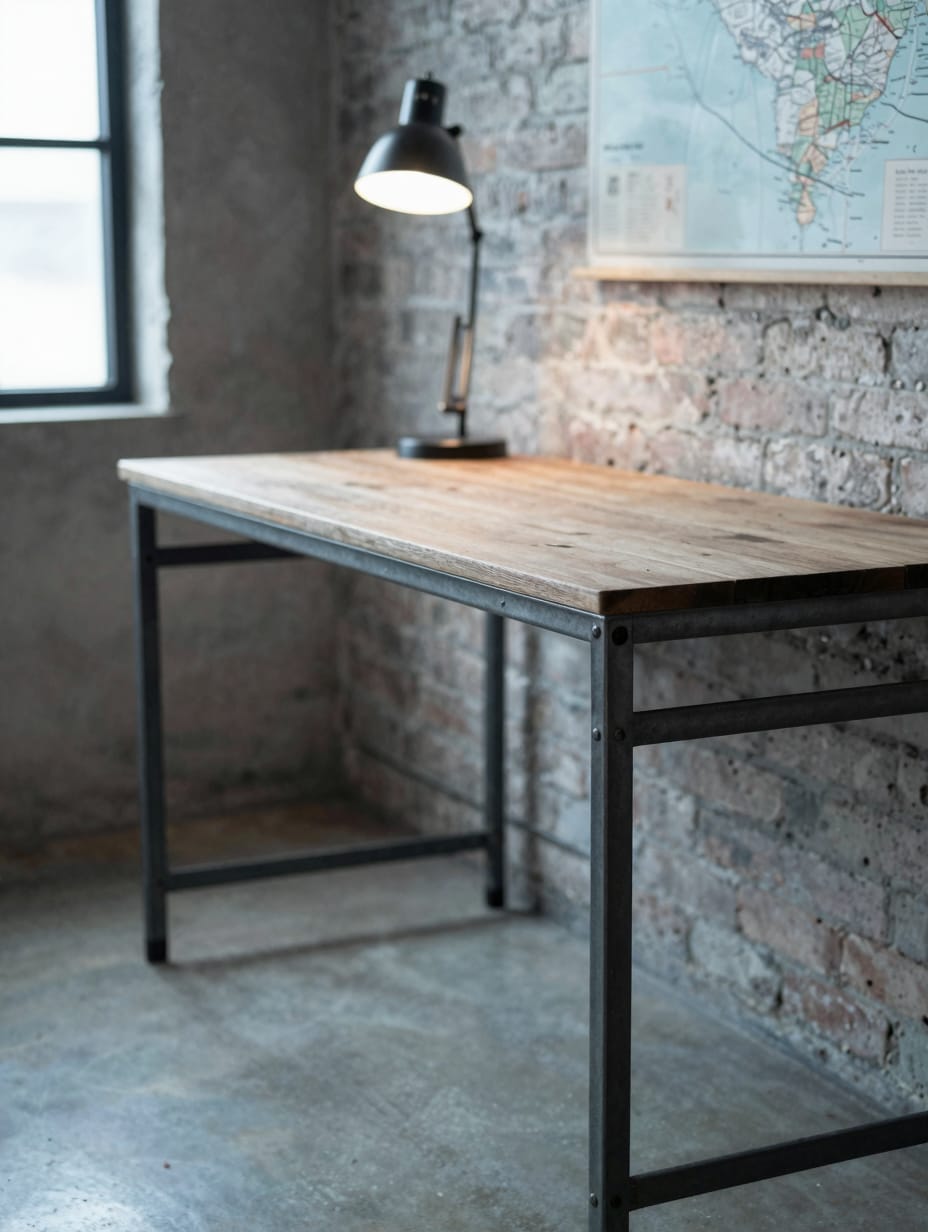 Industrial style corner desk with metal legs and a dark wood top, in an urban loft setting.