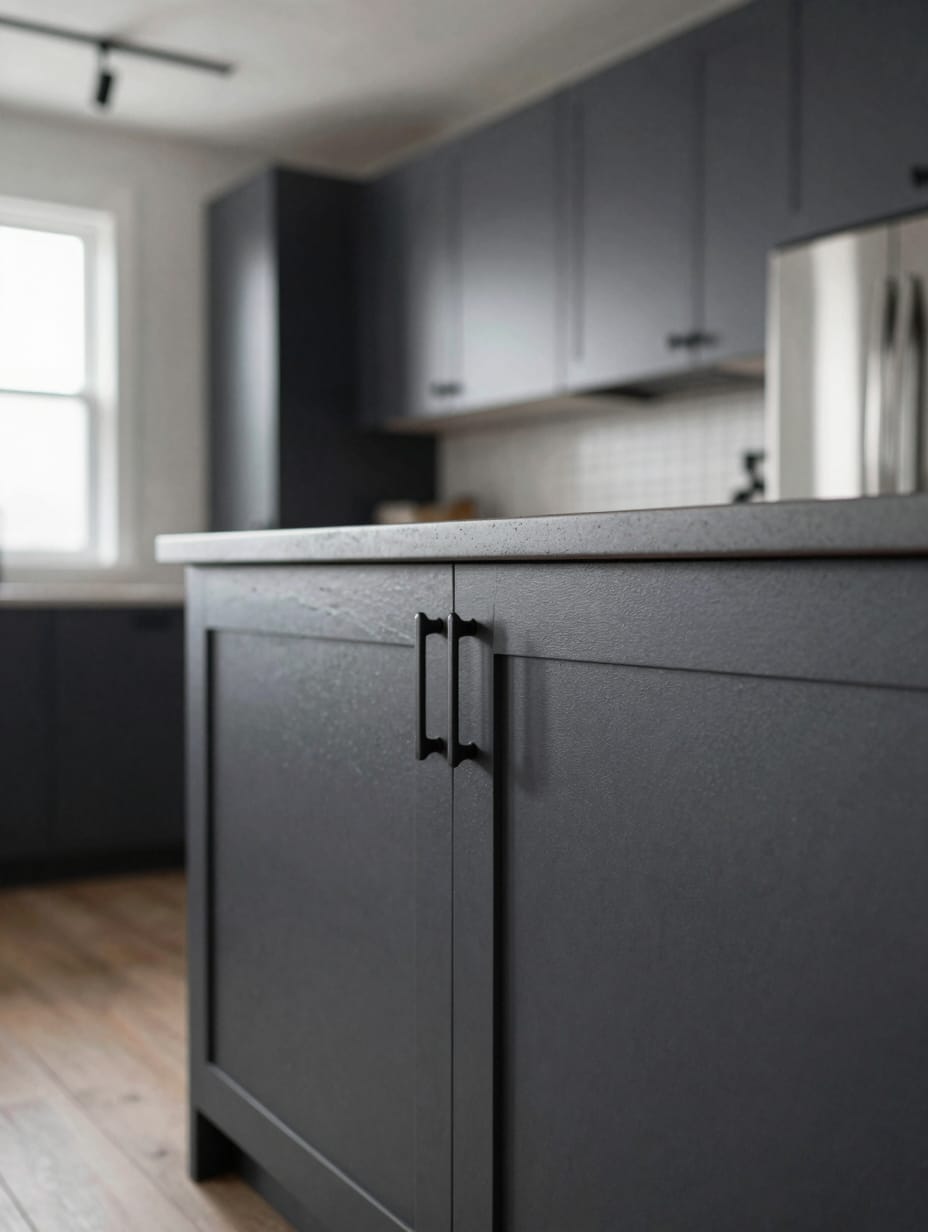 Sleek kitchen with dark charcoal gray base cabinets and a light wood island