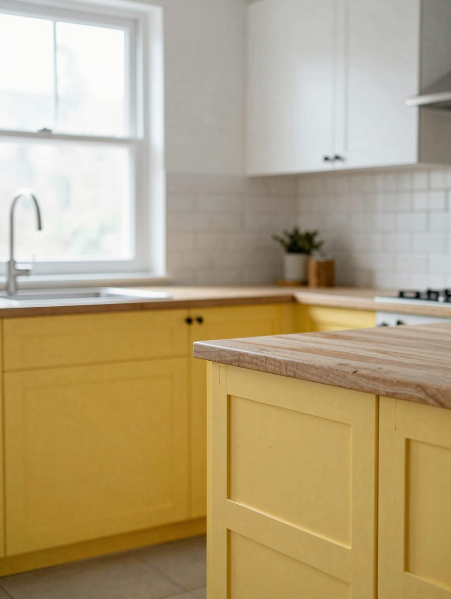 A bright kitchen with zesty yellow walls, crisp white cabinets, and potted herbs on the windowsill.