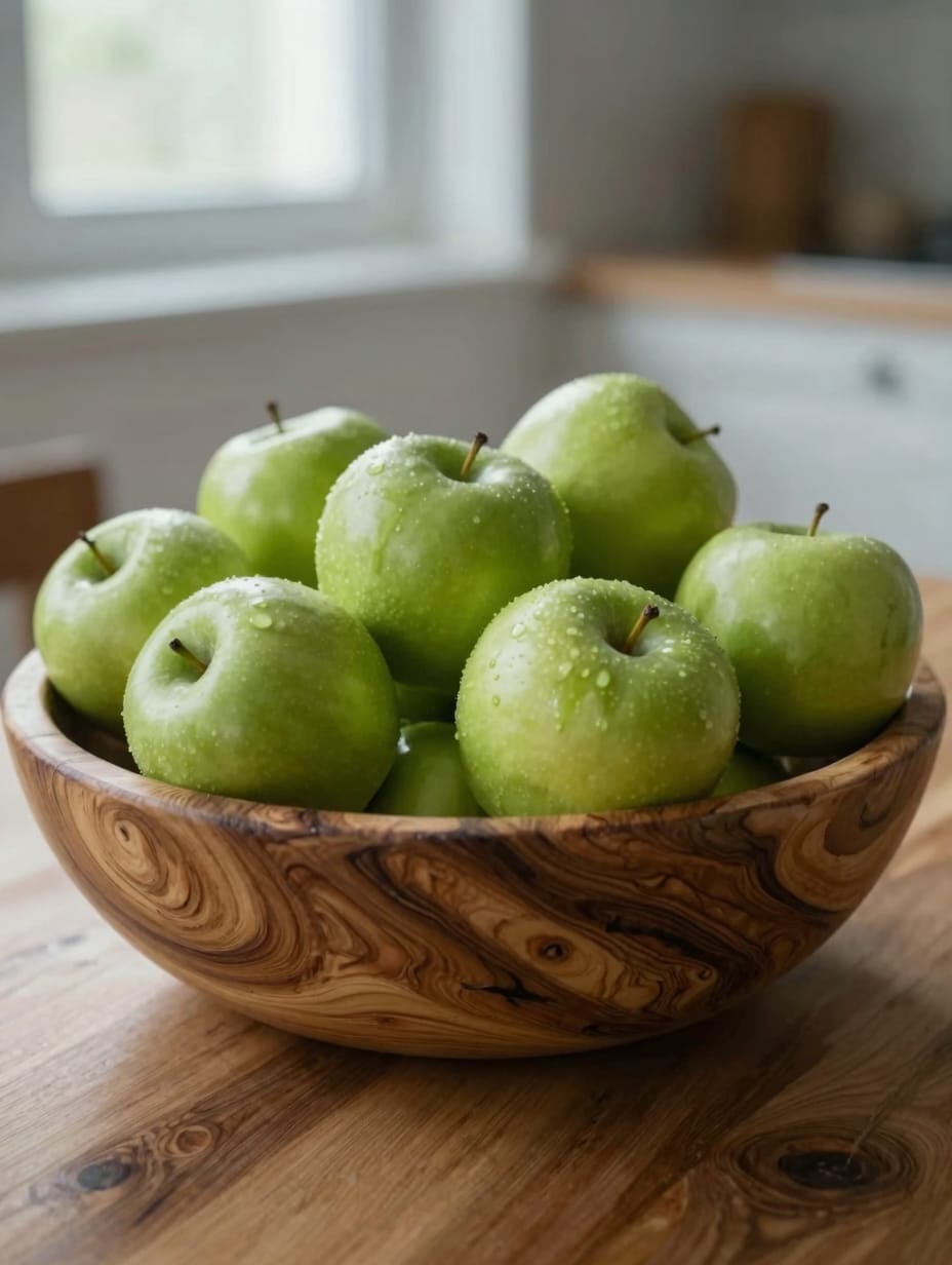 A dark wooden bowl filled with green apples on a gray quartz kitchen island.
