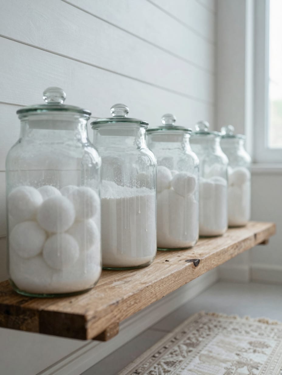 Clear glass jars filled with laundry pods and detergent on a minimalist shelf.
