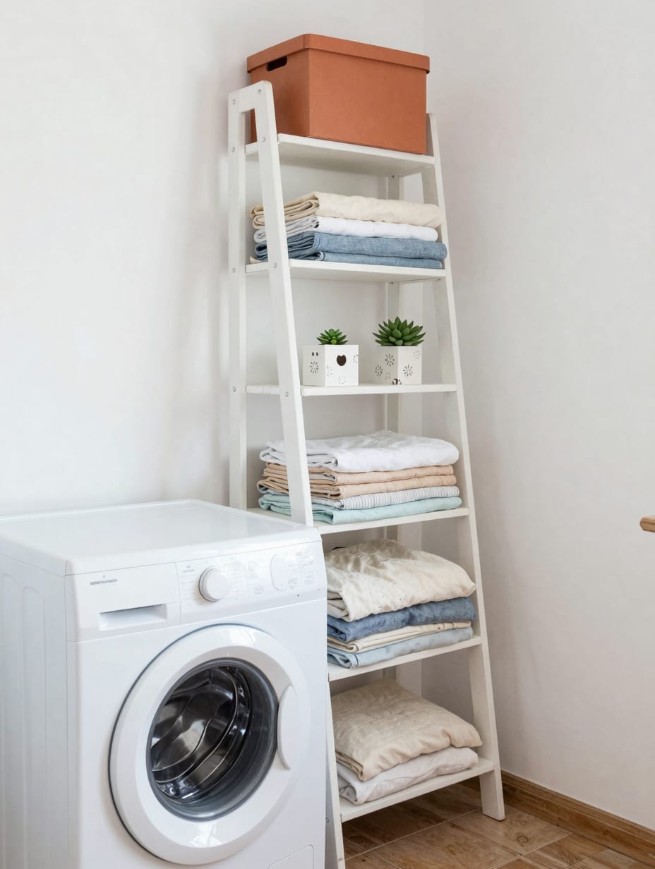 A laundry room with a tall, white ladder shelf providing clever vertical storage for baskets and decor, part of a modern l...
