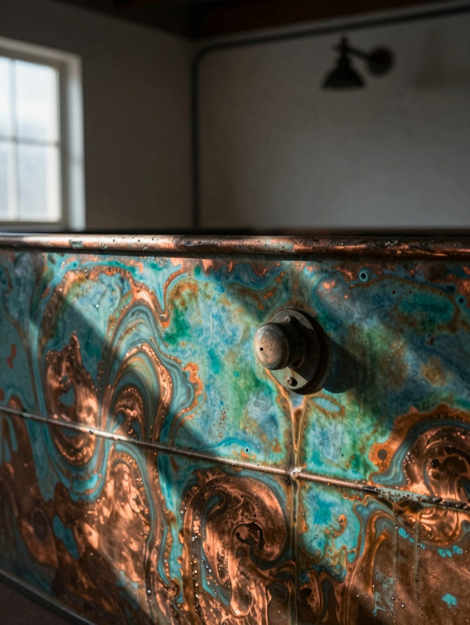 Large living room wall mural with teal and orange oxidized copper patina textures and metallic sheen.