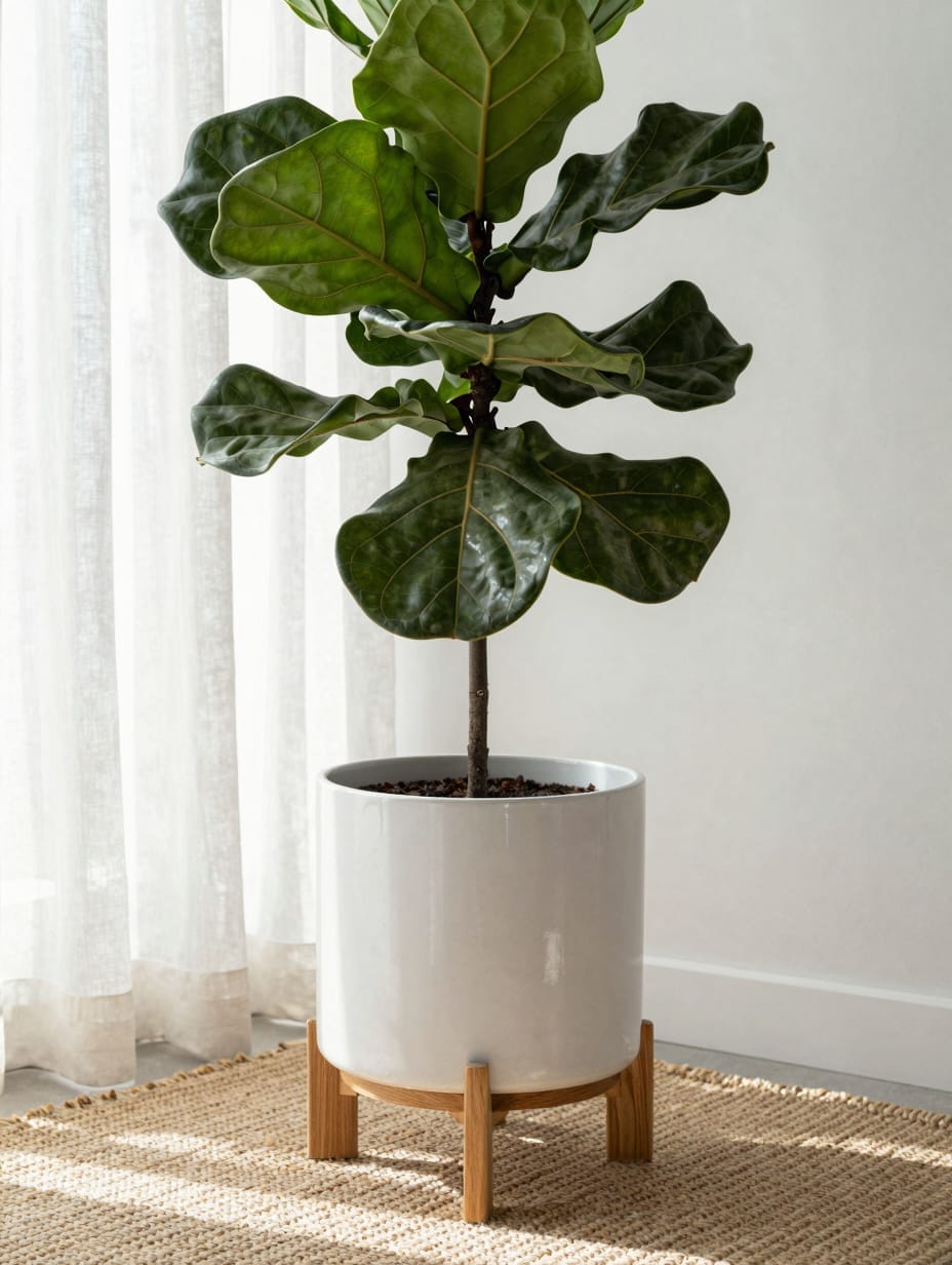Large indoor plants in ceramic pots placed near a bright window in a modern apartment.
