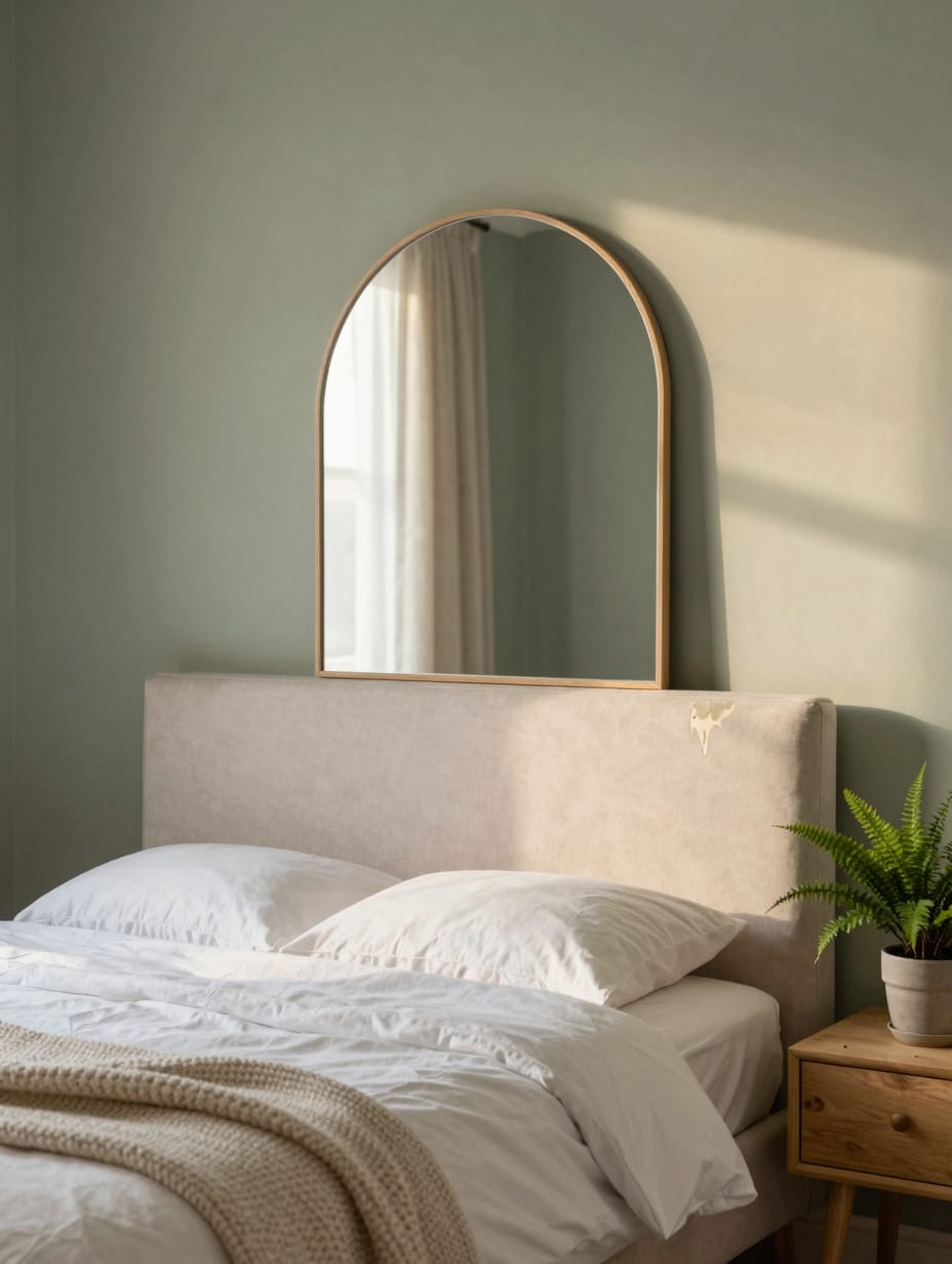 Serene bedroom featuring a round mirror over the bed, creating a peaceful retreat