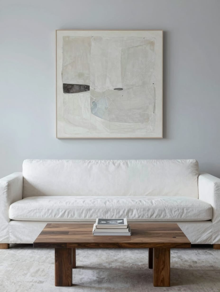 A minimalist living room featuring carefully chosen strategic accents, such as a sculptural vase and a piece of abstract art.