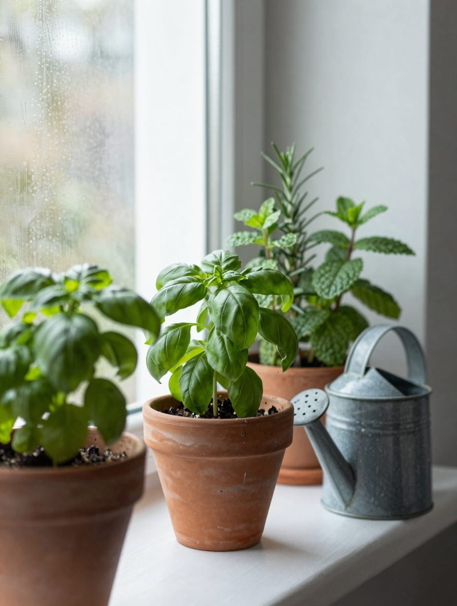 Kitchen counter with small potted herbs and fresh green branches in a glass vase.