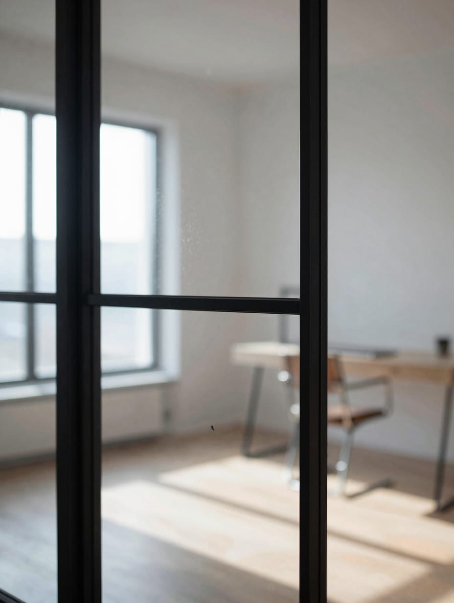 Steel framed glass wall dividing a home office from a large sunlit living area.