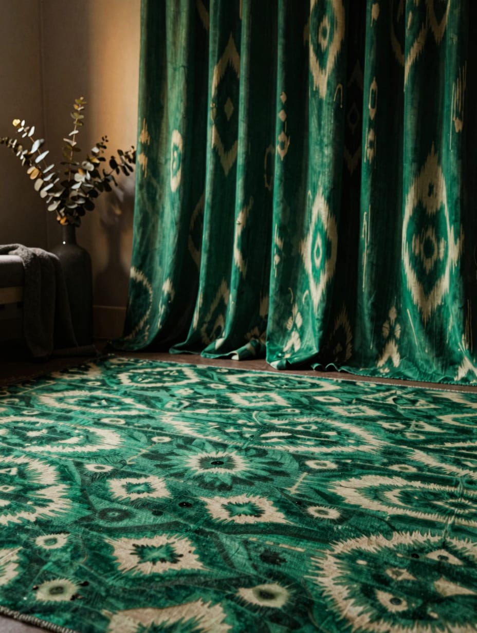 A dramatic emerald green bedroom with Ikat pattern wallpaper and coordinating textiles, creating an immersive look.