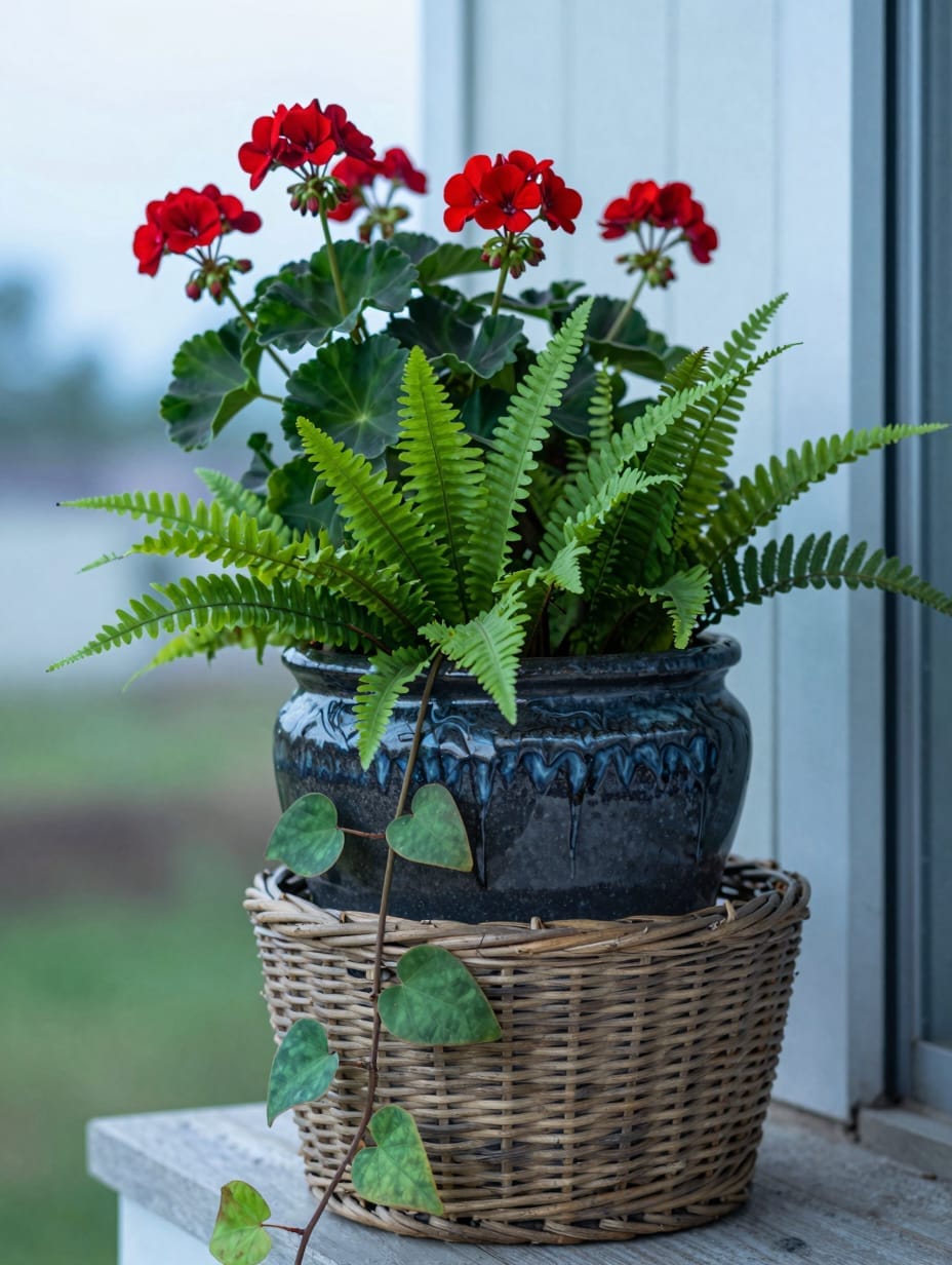 Layered porch planter with trailing ivy, red impatiens, and a tall green plant.