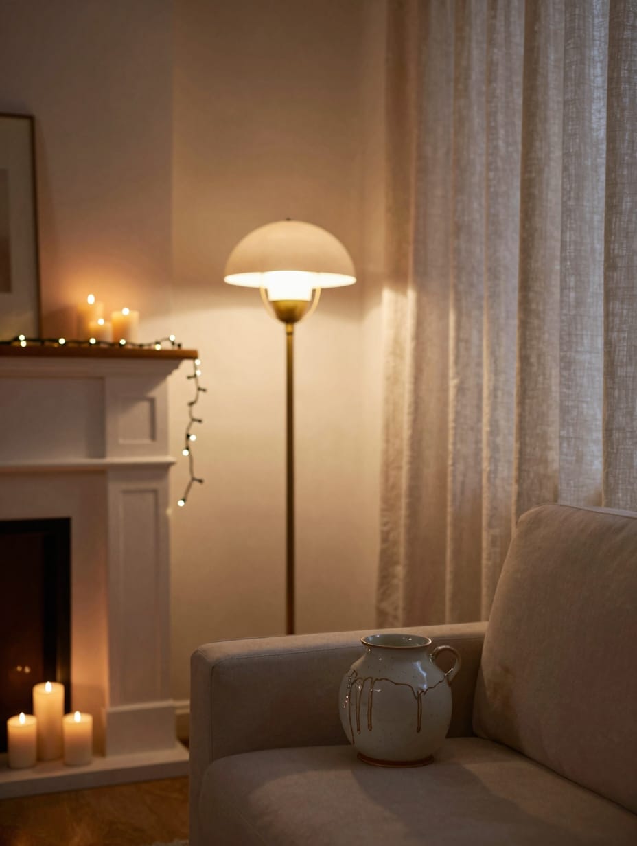 A living room with layered warm lighting from a table lamp, string lights, and candles creating a cozy ambiance.