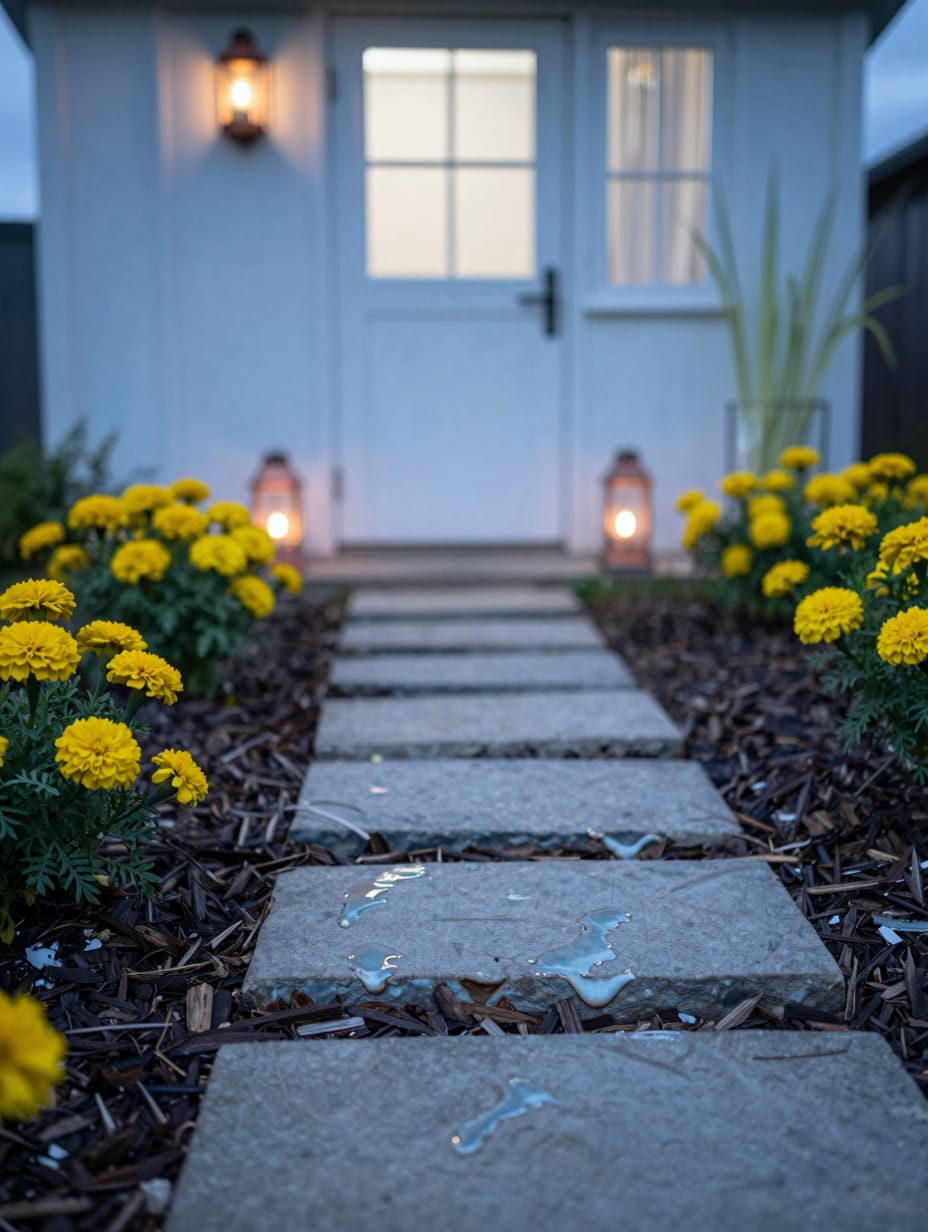 A flagstone path leading to a shed with glowing solar lights nestled in the grass.