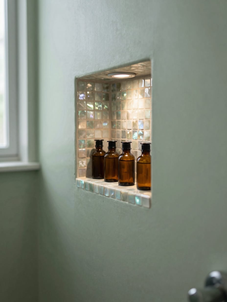Recessed shower wall niche with blue patterned tiles holding glass bottles.