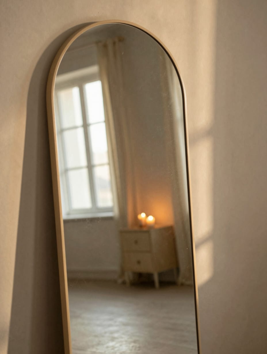 Large rectangular mirror leaning against a wall reflecting a bright window.