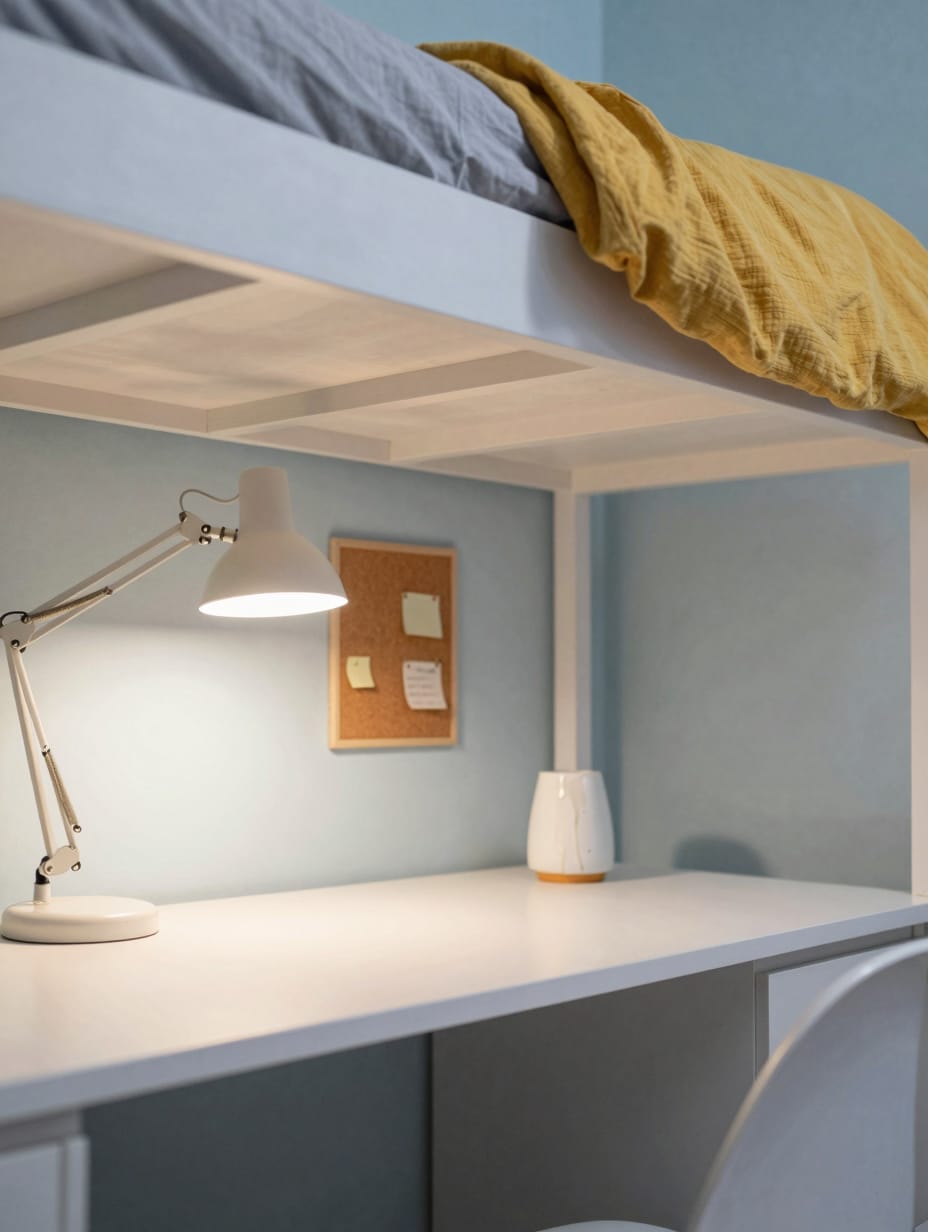 A modern lofted bed frame with a minimalist desk and chair positioned neatly underneath, maximizing vertical space.