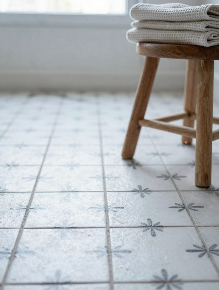 Black and white penny tile floor with a floral honeycomb pattern and dark grey grout.