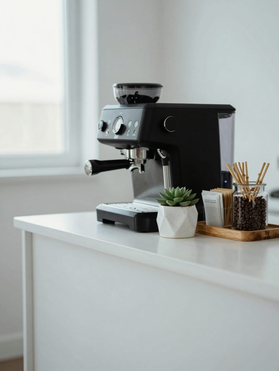 A minimalist spring coffee bar featuring a small potted succulent, a white ceramic coffee maker, and clean, uncluttered co...