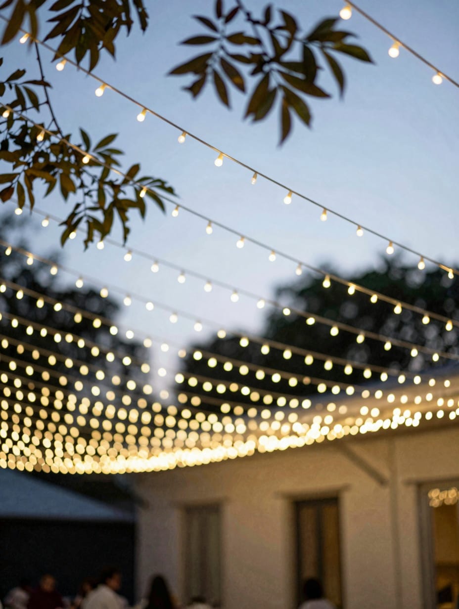 An outdoor area at twilight illuminated by an enchanting string light canopy above a dining space.