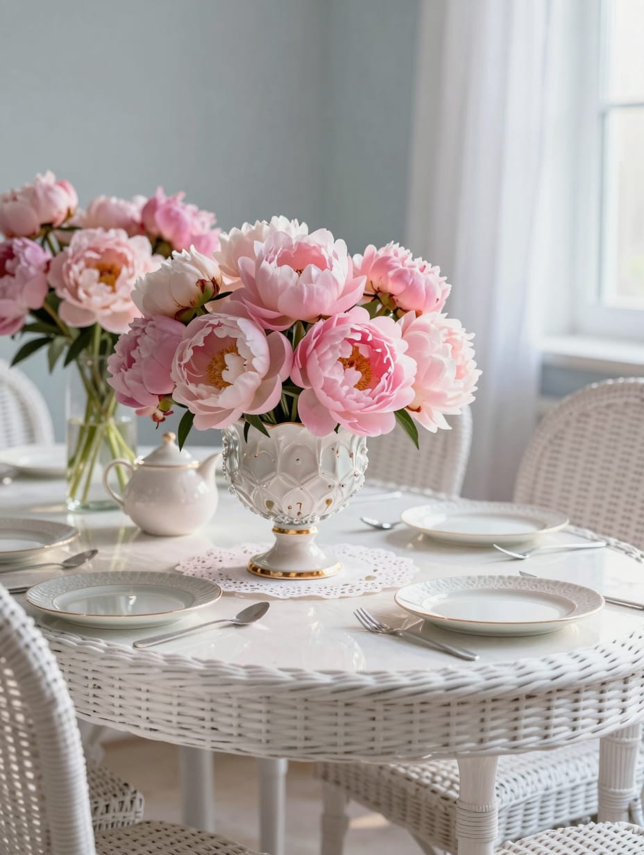 White wicker outdoor table topped with a glass pitcher of pink peonies in a garden.