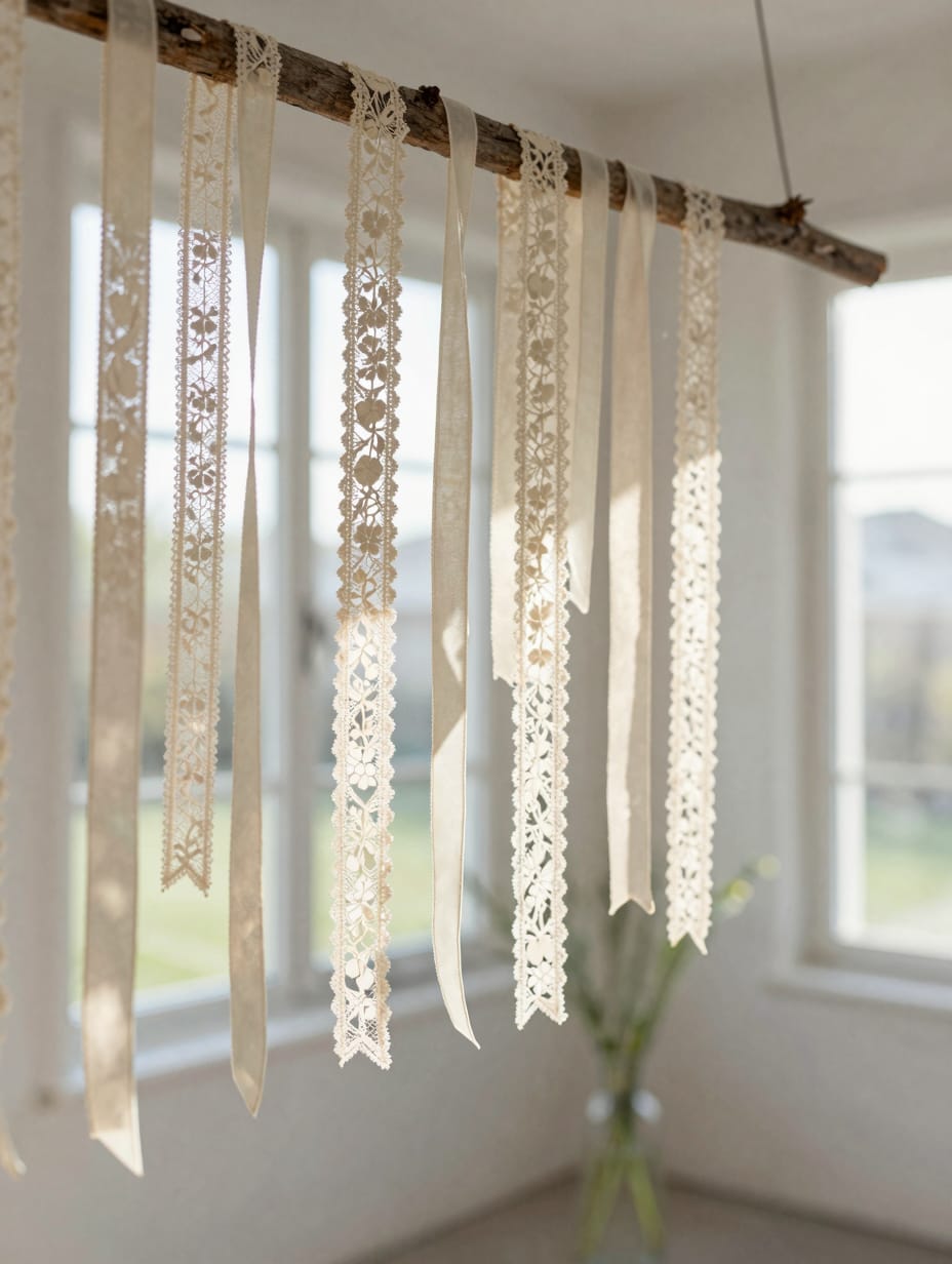 Various white lace ribbons and cream streamers hanging from a horizontal wooden pole.