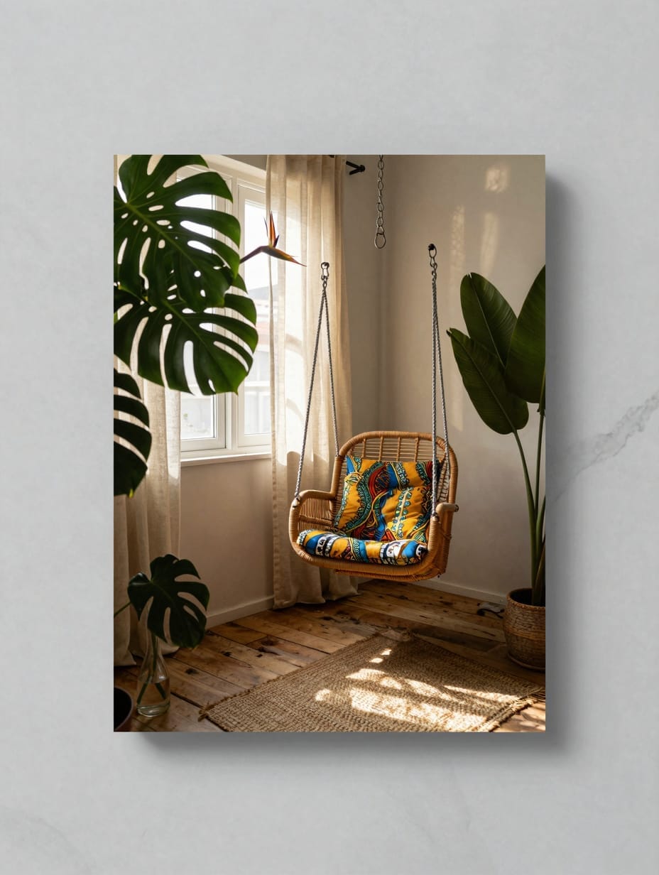 Large green indoor plants surrounding a leather armchair in a boho styled living room.
