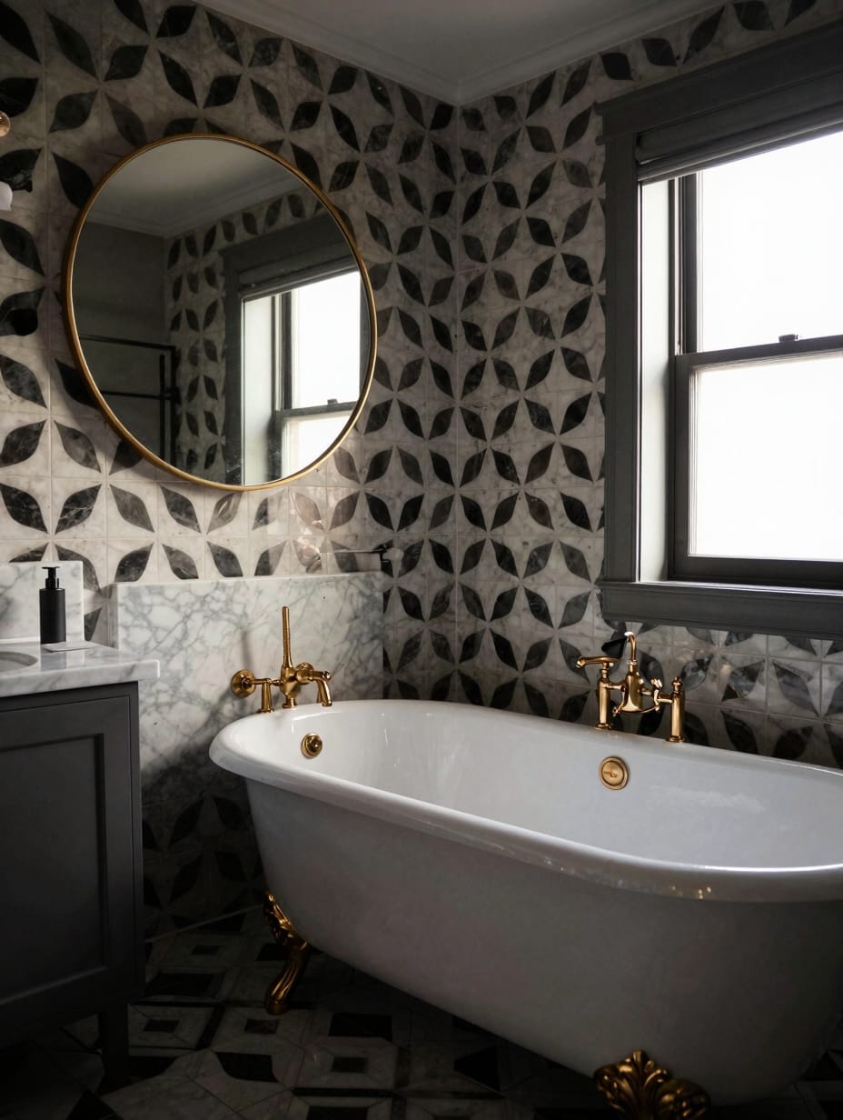 A glamorous Art Deco interior bathroom with white marble, gold fixtures, and striking geometric tiles on the floor.