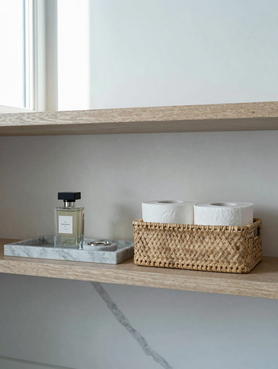 Bathroom shelf with neatly organized storage bins and containers.