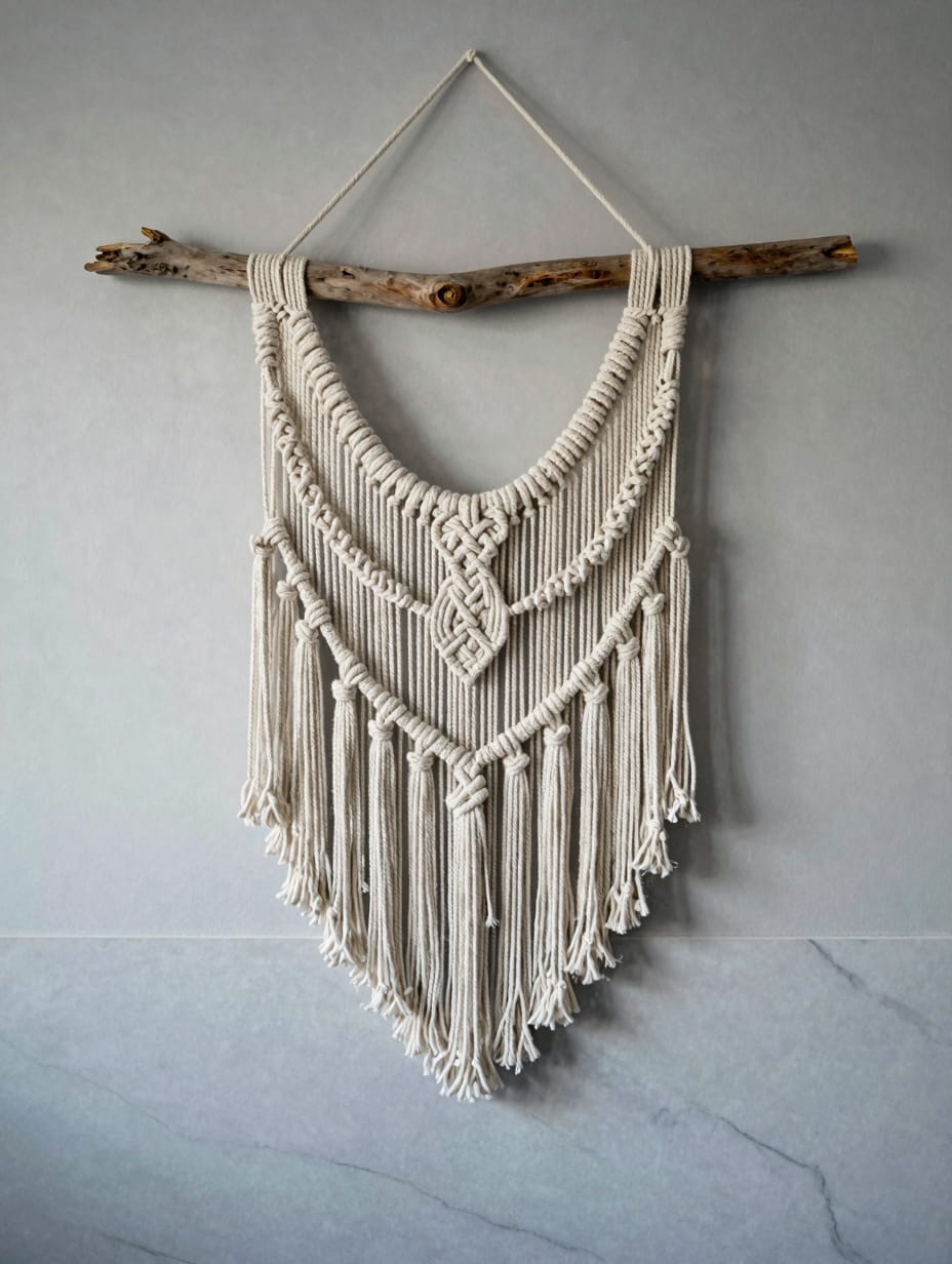 Cream cotton macramé wall hanging displayed on a bathroom wall above a metal towel bar.